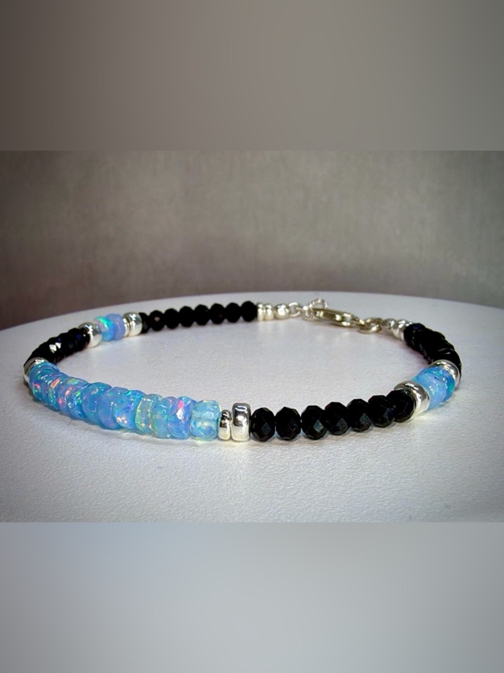 Ethiopian Opal Black Spinel Gemstone Bracelet in Sterling Silver - Picture 4 of 6
